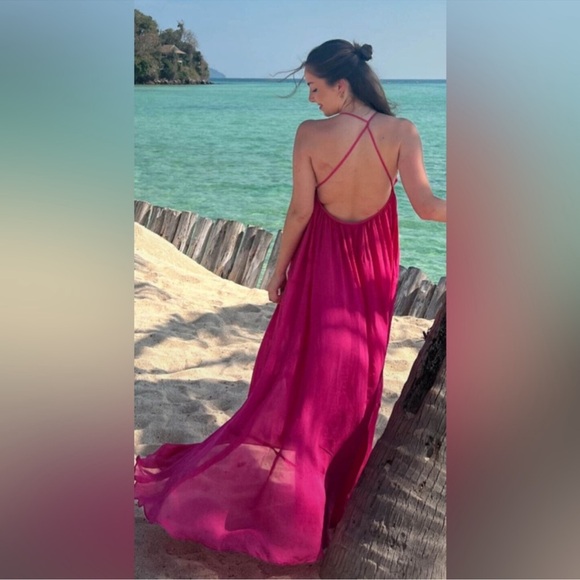 NWT Zara Hot Pink Chiffon Open Back Flowy Maxi Dress - Picture 7 of 10